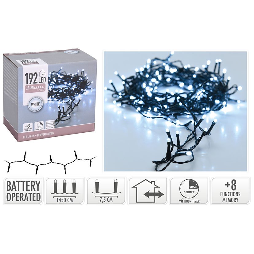 Iluminacion 192 LED BCO C/bateria 5 M Blanco navideña