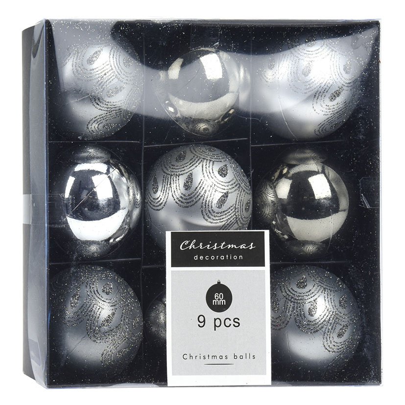 BOLAS 60 MM X 9 Unid Decoradas Grafito navideña