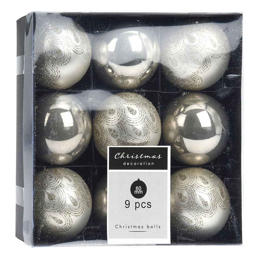 BOLAS 60 MM X 9 Unid Decoradas BCO NIEVE navideña