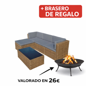 SET Lanzarote III Ratán Sint+chaise LONG 195X65X66 Cm 90X50X34 Cm mueble fibra + Brasero exterior de regalo