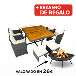 SET CUBO JAVA Ratán Sintético 9 PZAS 53X53X69 40X40X35 Cm mueble fibra + Brasero exterior de regalo