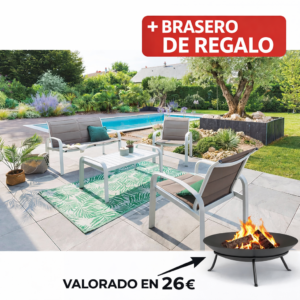 CONJ ALUM 2 Sillones+sofá+mesa BCO 122X70X84 Cm 66X70X84 Cm mueble metal + Brasero exterior de regalo