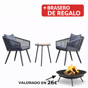 SET Balcon MAI 2 Sillas Y MESA BAJA 60X64X79 Cm 45X55 Cm mueble metal + Brasero exterior de regalo