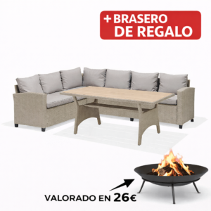 SET Conjunto Ratán Rinconero + MESA ALTA 179X62 2X73 Cm mueble fibra + Brasero exterior de regalo