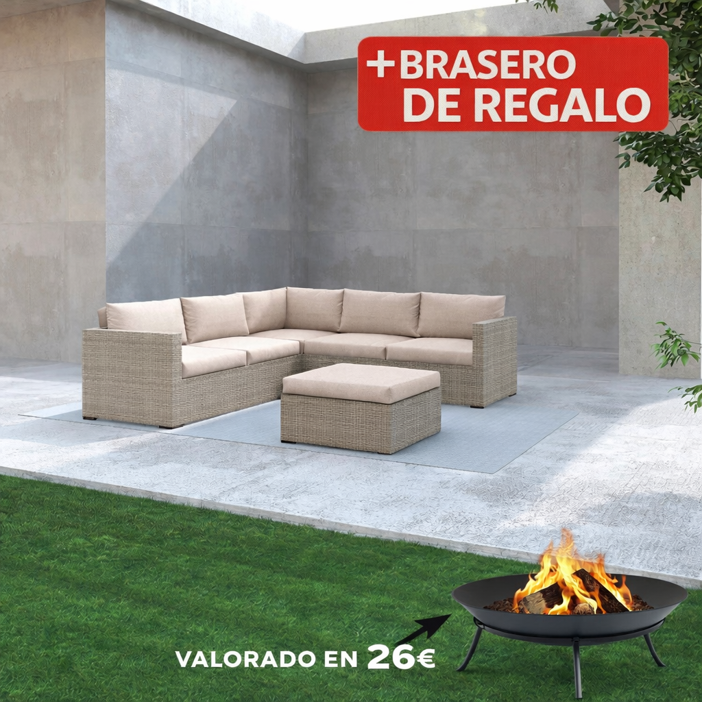 SET Rinconera Ratán 2SOFÁS+RINC+MESA 135X72X64 Cm 72X72X64 Cm mueble fibra + Brasero exterior de regalo