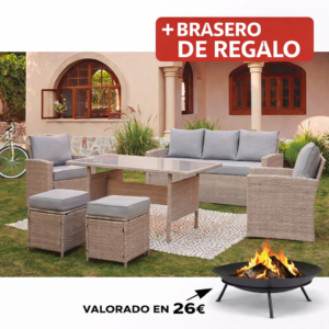 CONJ Madagascar SOFÁ+2 Sill+mesa RAT 177X72X80 Cm 67X72X80 Cm mueble fibra + Brasero exterior de regalo