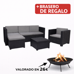 Conjunto Manhattan Sofá+sill+puff+mesa 190X66X72 Cm 74X66X72 Cm mueble fibra + Brasero exterior de regalo