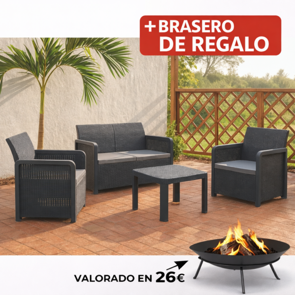 SET Azores Grafito 4 Plazas + MESA 56X60X74 Cm 109X60X74 Cm mueble resina + Brasero exterior de regalo