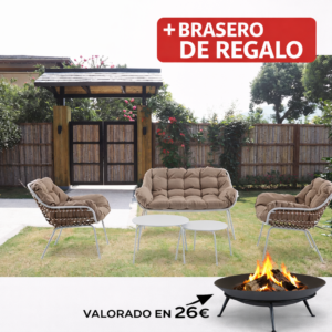 CONJ 2 Sillones+sofá+mesita Ratán BCO 74X71X77 Cm 74X125X77 Cm mueble fibra + Brasero exterior de regalo