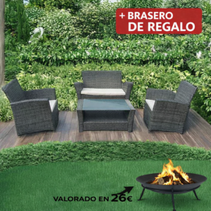 CONJ Ratán SOFA+2 Sillones+mesa BAJA 108X61X88 Cm 61X60X88 Cm mueble fibra + Brasero exterior de regalo