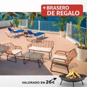 CONJ Ratán SOFÁ+2 Sillones+mesa BAJA 119X69X85 Cm 67X69X85 Cm mueble fibra + Brasero exterior de regalo