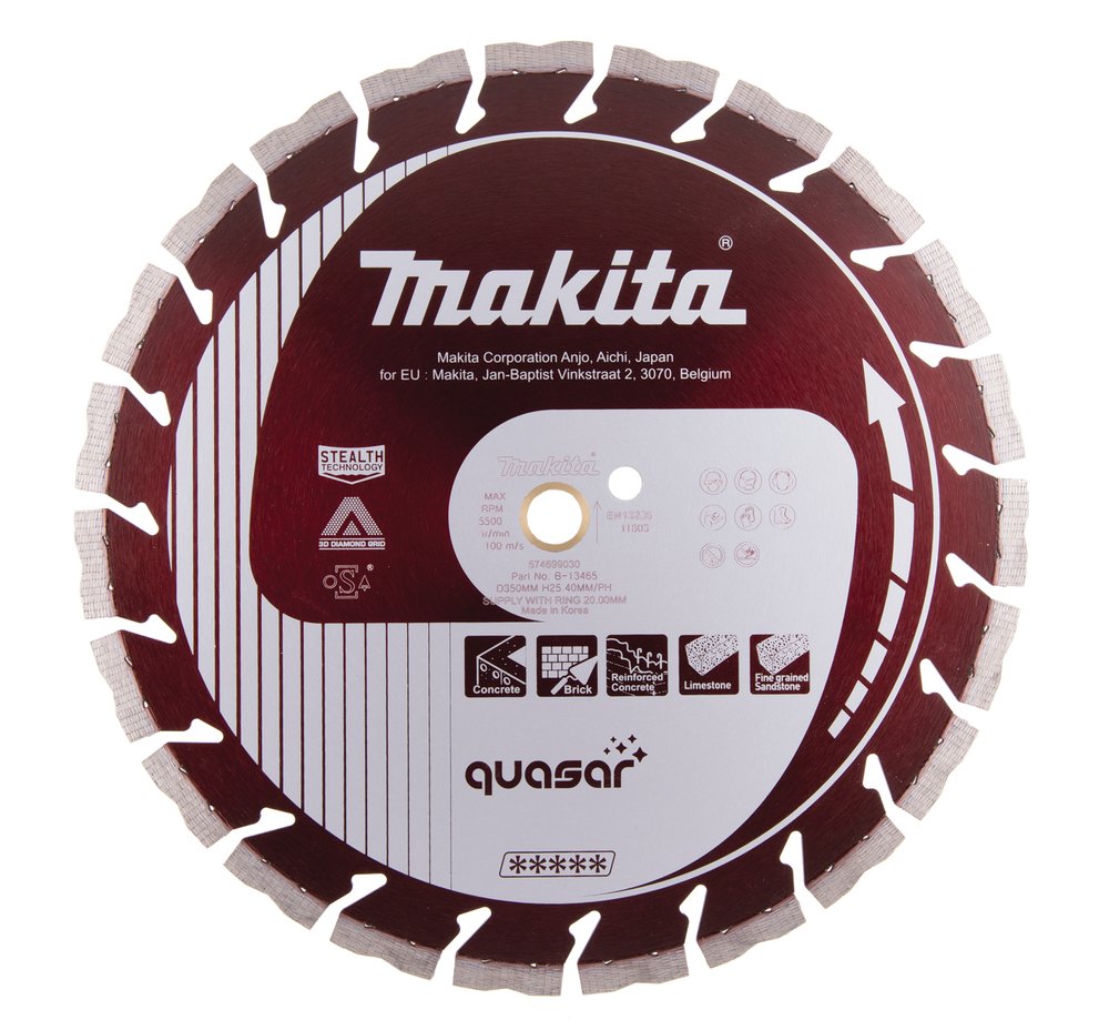 Disco de Diamante 350 Mm, Quasar Stealth, 3 Ddg, Seco y Húmedo Makita B-13465 350X20 altura máx. 12 m
