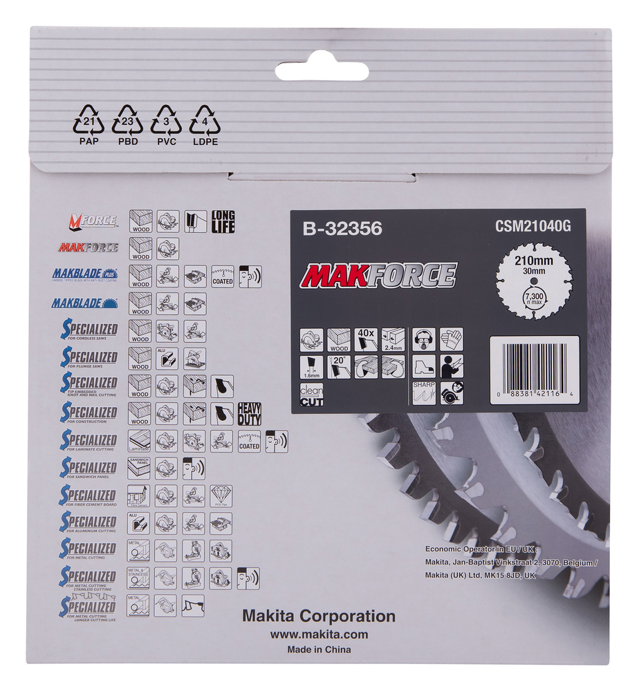 Disco Sierra Circular , Makparace T C T, 210 X 30 Mm, 40 D Makita B-32356 210X30 Mm corte - Imagen 3