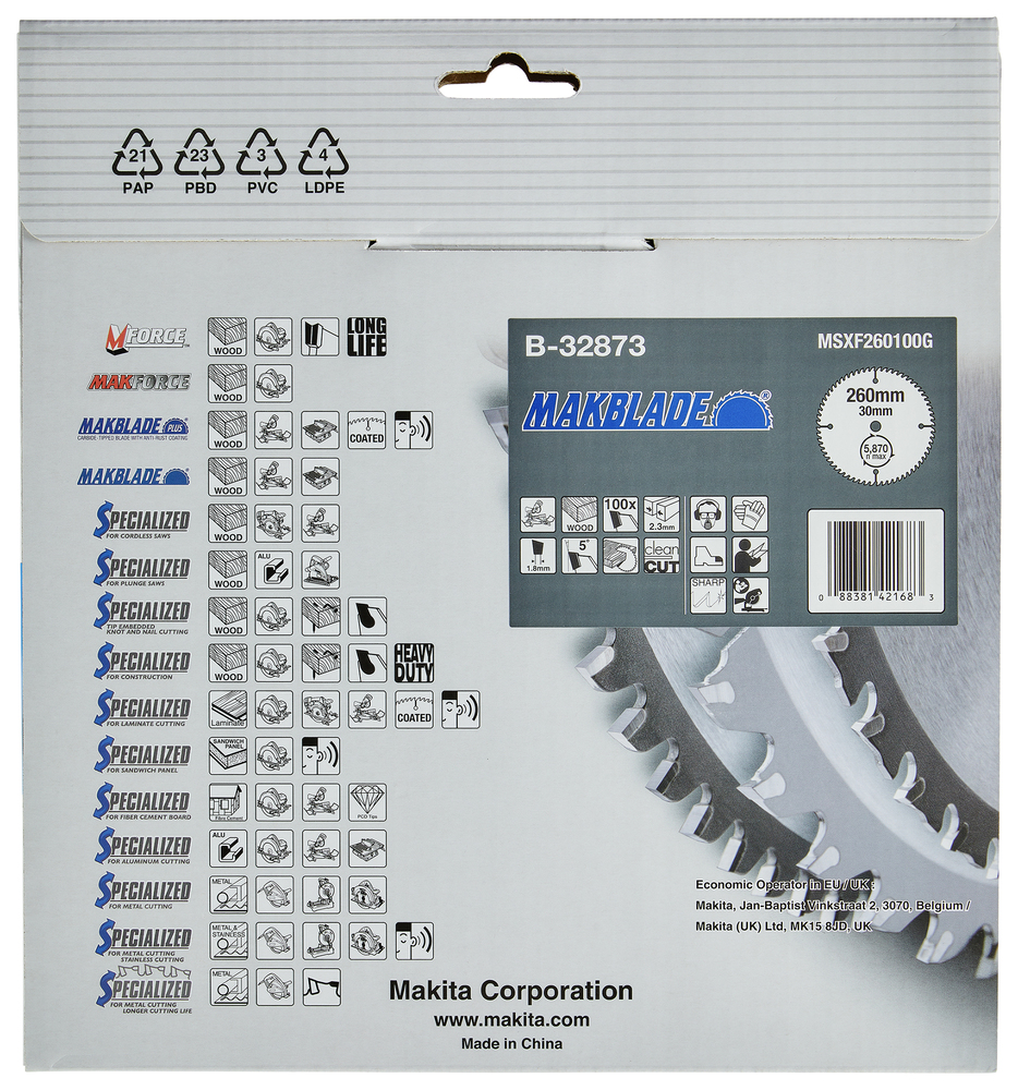 Disco Sierra Circular , Makblade T C T, 260 X 30 Mm, 100 D Makita B-32873 260X30 Mm corte - Imagen 4