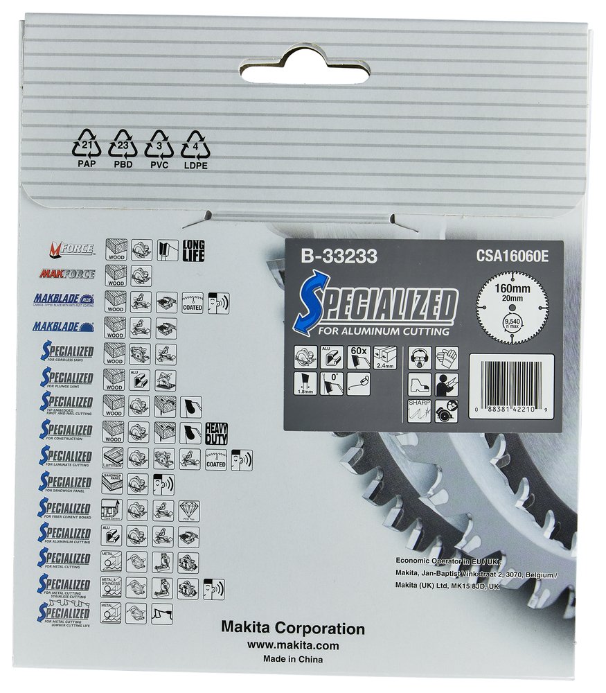 Disco Sierra Circular , Specialized T C T, 160 X 20 Mm, 60 D Makita B-33233 160X20 Mm Mate corte aluminio - Imagen 4