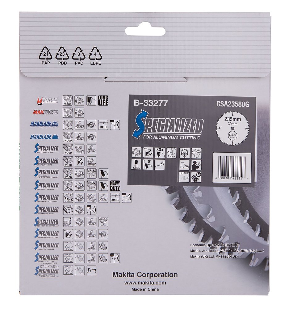 Disco Sierra Circular , Specialized T C T, 235 X 30 Mm, 80 D Makita B-33277 235X30 Mm Mate corte aluminio - Imagen 3