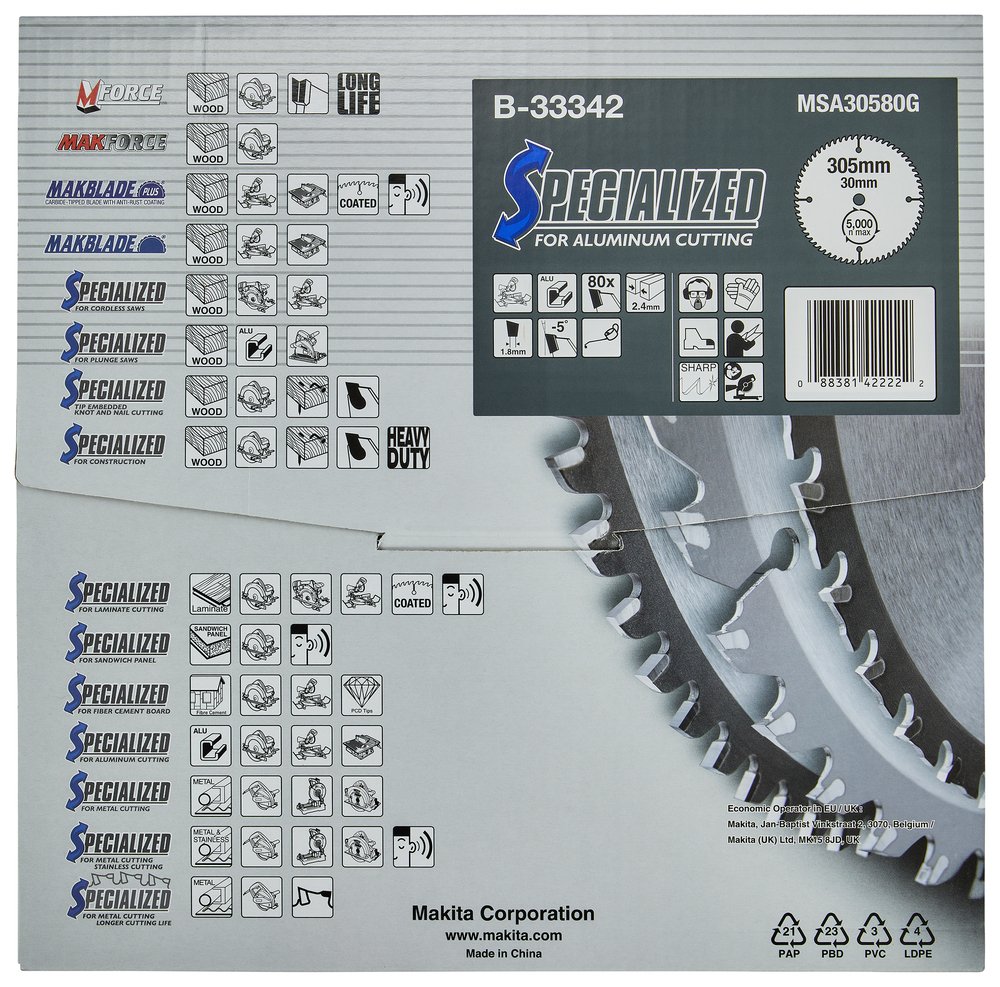 Disco Sierra Circular , Specialized T C T, 305 X 30 Mm, 80 D Makita B-33342 305X30 Mm Mate corte aluminio - Imagen 4