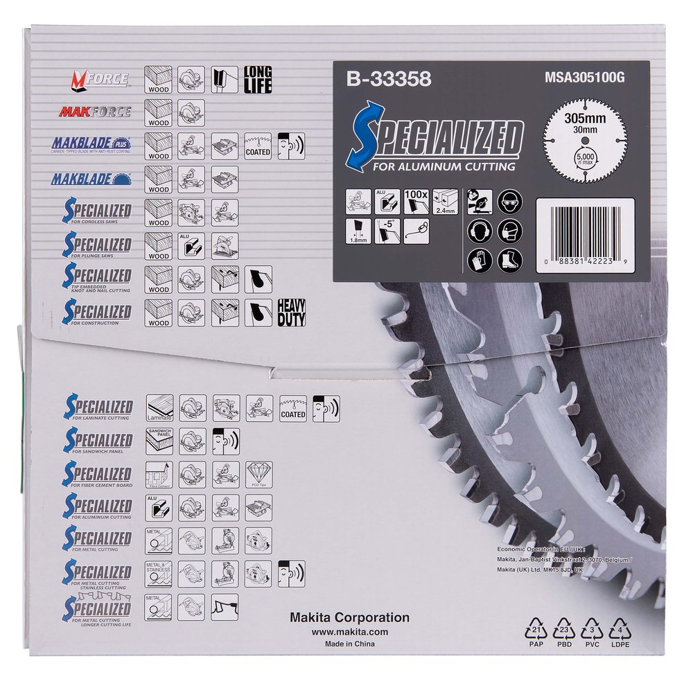 Disco Sierra Circular , Specialized T C T, 305 X 30 Mm, 100 D Makita B-33358 305X30 Mm Mate corte aluminio - Imagen 4