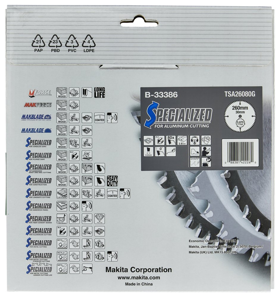 Disco Sierra Circular , Specialized T C T, 260 X 30 Mm, 80 D Makita B-33386 260X30 Mm Mate corte aluminio - Imagen 4
