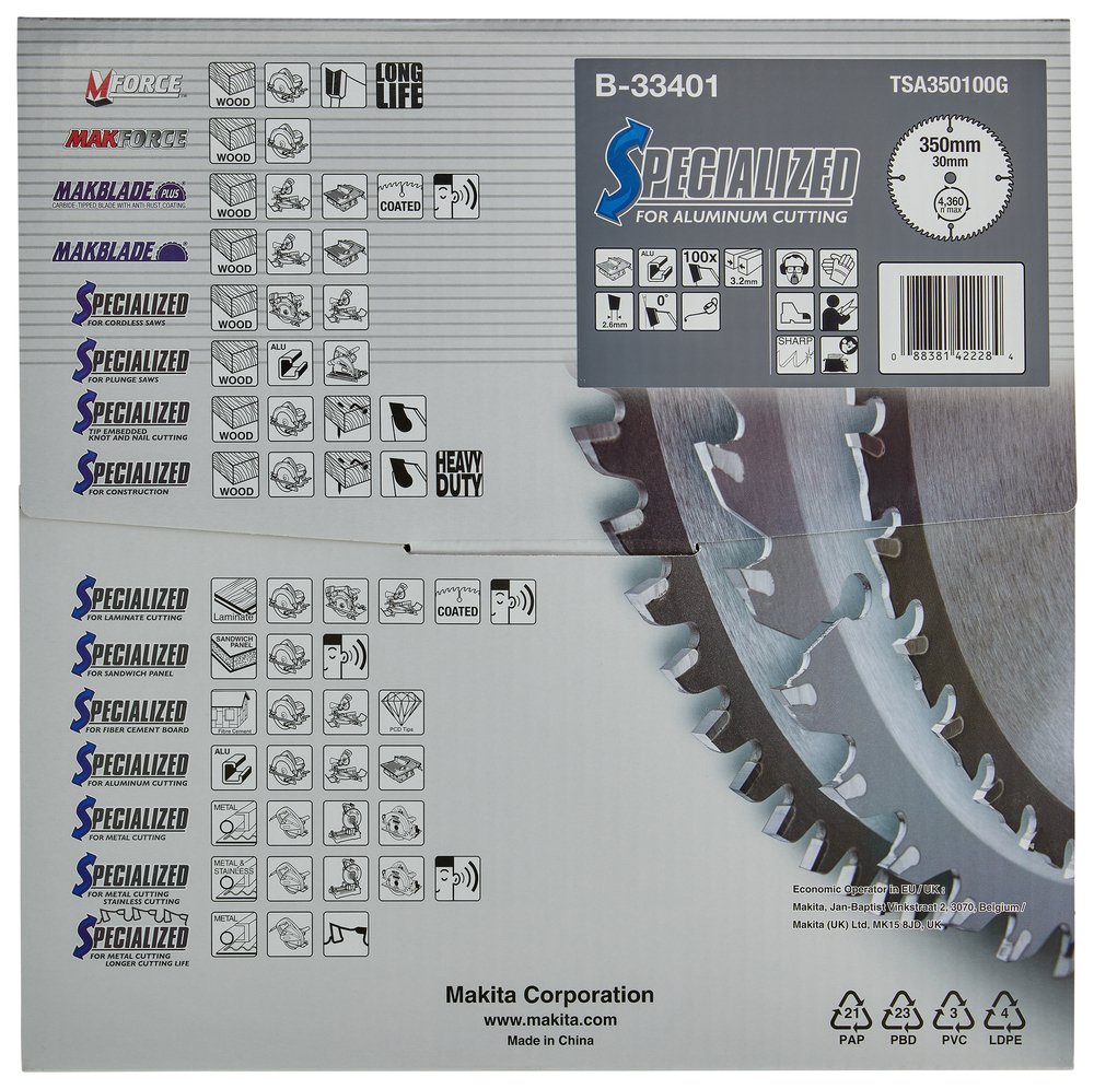 Disco Sierra Circular , Specialized T C T, 350 X 30 Mm, 100 D Makita B-33401 350X30 Mm Mate corte aluminio - Imagen 4