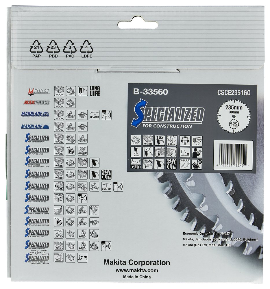 Disco HM Sierra Circular,, Specialized T C T, 235 X 30 Mm, 16 T Makita B-33560 235X30 Mm corte - Imagen 3