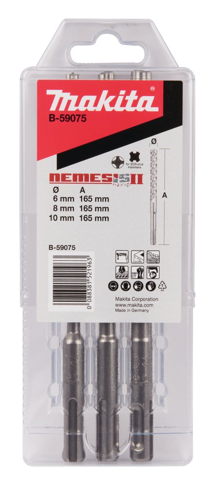 Nemesis 2 Set de Brocas para Sds-plus, 3 Piezas Makita B-59075 10X110 165 Mm Mate perforación fijación