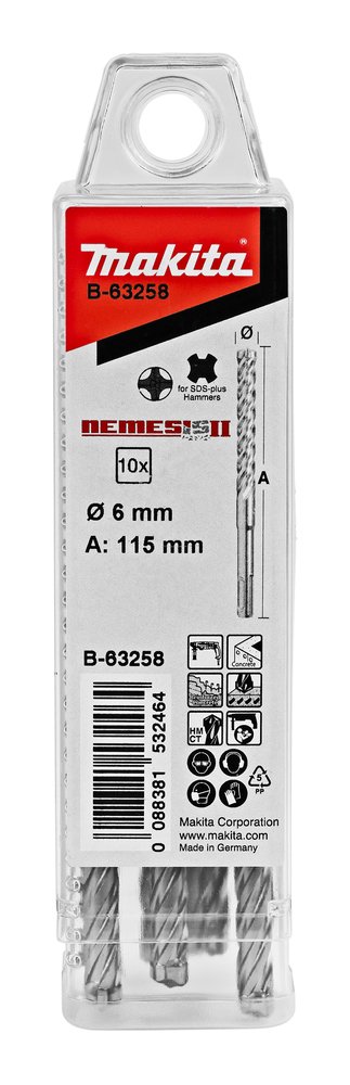 Brocas para Sds-plus Némesis II 6X115 Mm, 10 Piezas Makita B-63258 50 Mm Mate perforación fijación