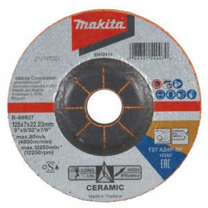 Disco Desbarbar Grano Cerámico 125, A24P Makita B-66927 125X7 23 MM Inox trabajo metal acero inoxidable