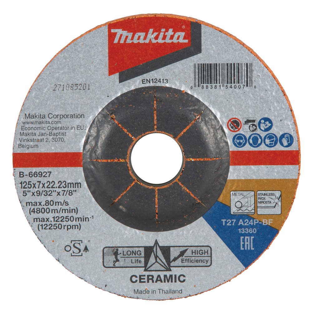 Disco Desbarbar Grano Cerámico 125, A24P Makita B-66927 125X7 23 MM Inox trabajo metal acero inoxidable
