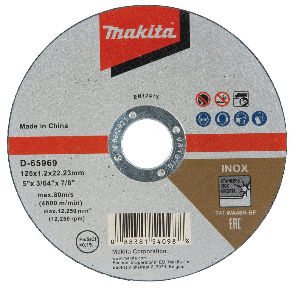 Disco de Corte 125 X 1,0 X 22,23 Mm, WA46R, 10 Piezas Makita D-65969-10 125X1 Inox trabajo metal acero inoxidable