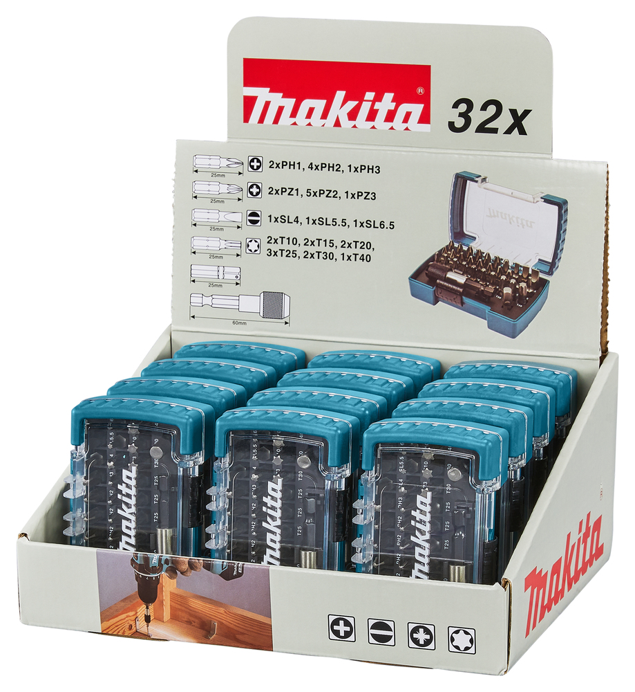 Estuche de Puntas con 2 Adaptadores, 32 Pcs, (12 Estuches en Expositor) Makita D-74762-12 25 Mm 60 Mm perforación fijación