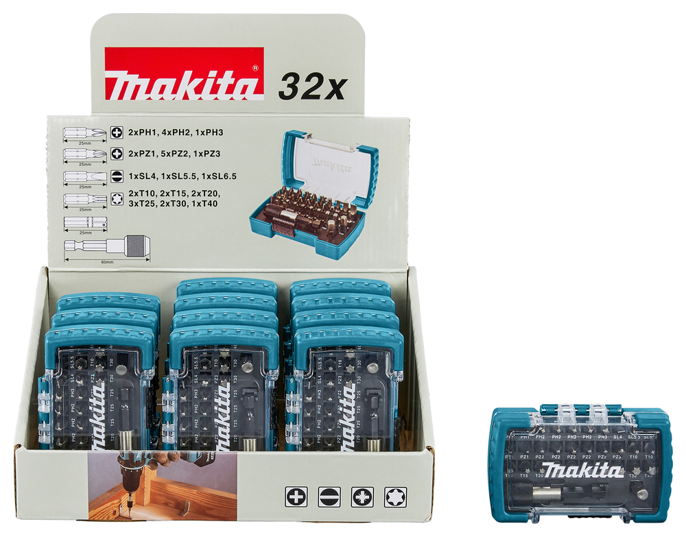Estuche de Puntas con 2 Adaptadores, 32 Pcs, (12 Estuches en Expositor) Makita D-74762-12 25 Mm 60 Mm perforación fijación - Imagen 3