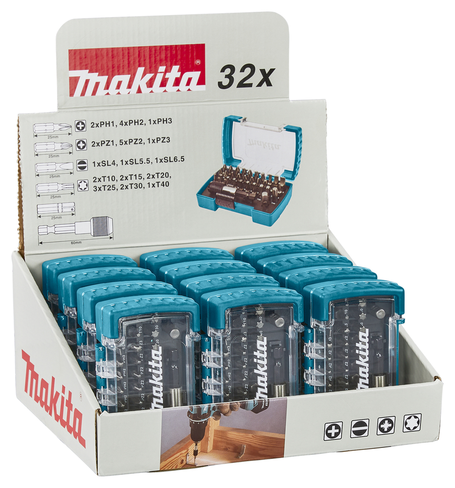 Estuche de Puntas con 2 Adaptadores, 32 Pcs, (12 Estuches en Expositor) Makita D-74762-12 25 Mm 60 Mm perforación fijación - Imagen 2