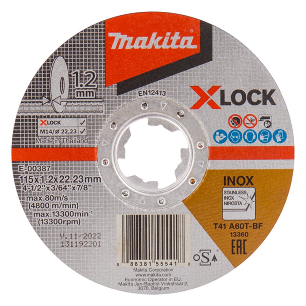 Disco de Corte X-lock, 115 X 1,2 X 22,23 Mm, A60T Makita E-00387 115X1 Inox trabajo metal acero inoxidable