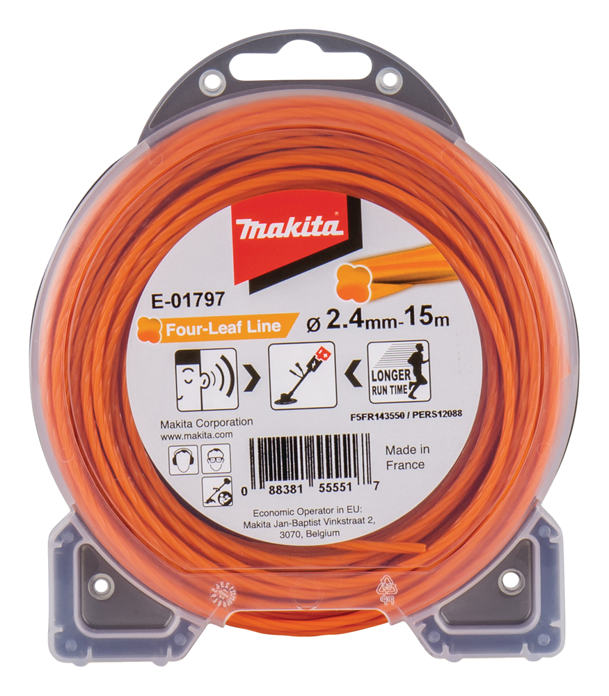 Hilo de Cuatro Hojas de Nylon de 2,4 Mm X 15 M Makita E-01797 Naranja gasolina jardín