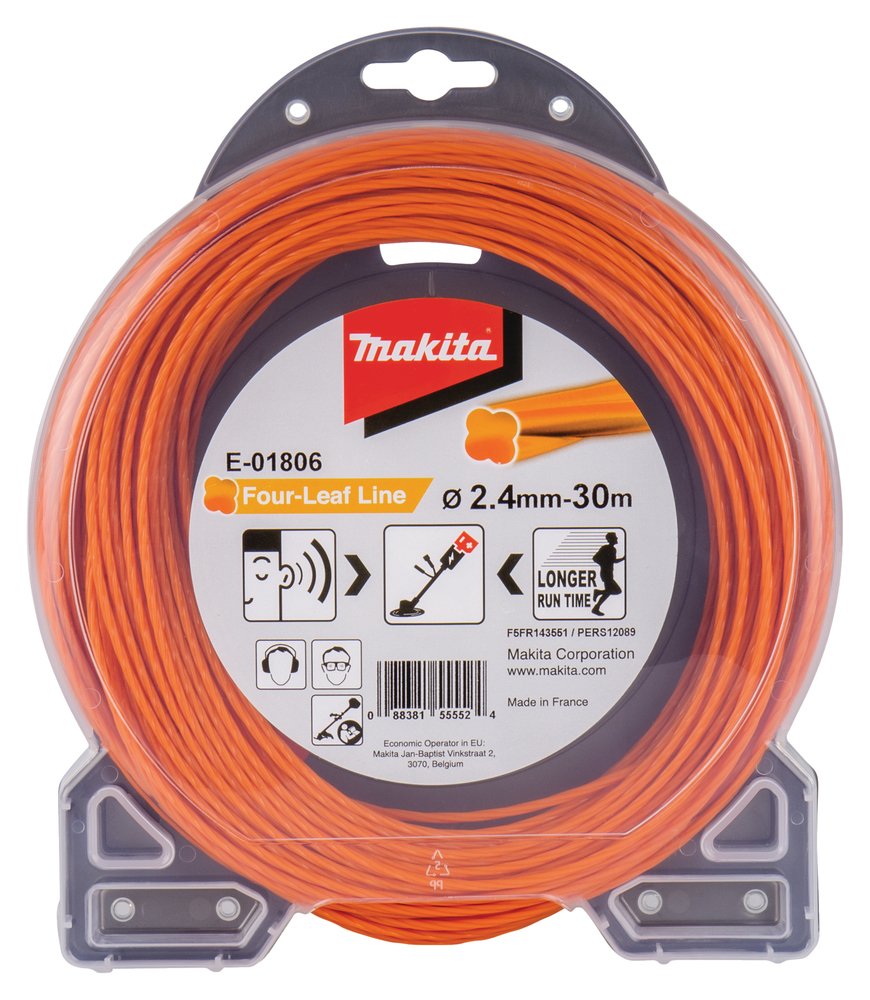Hilo de Cuatro Hojas de Nylon de 2,4 Mm X 30 M Makita E-01806 Naranja gasolina jardín