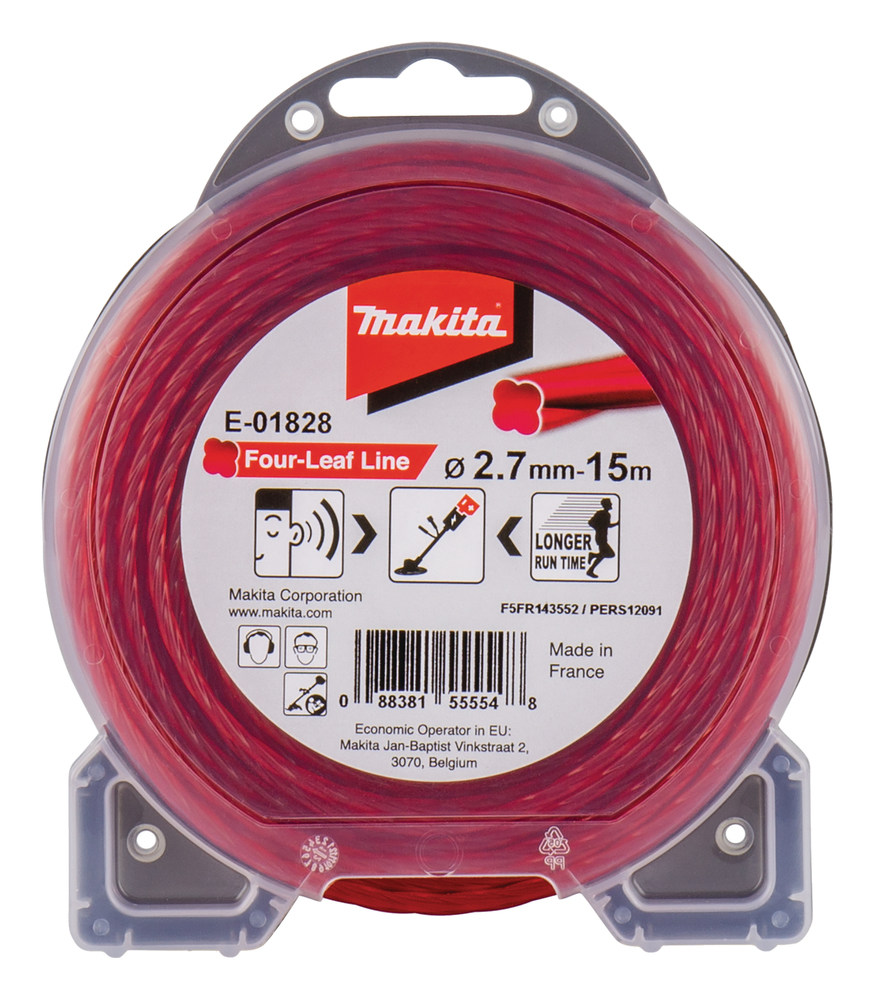 Hilo de Cuatro Hojas de Nylon de 2,7 Mm X 15 M Makita E-01828 Rojo gasolina jardín