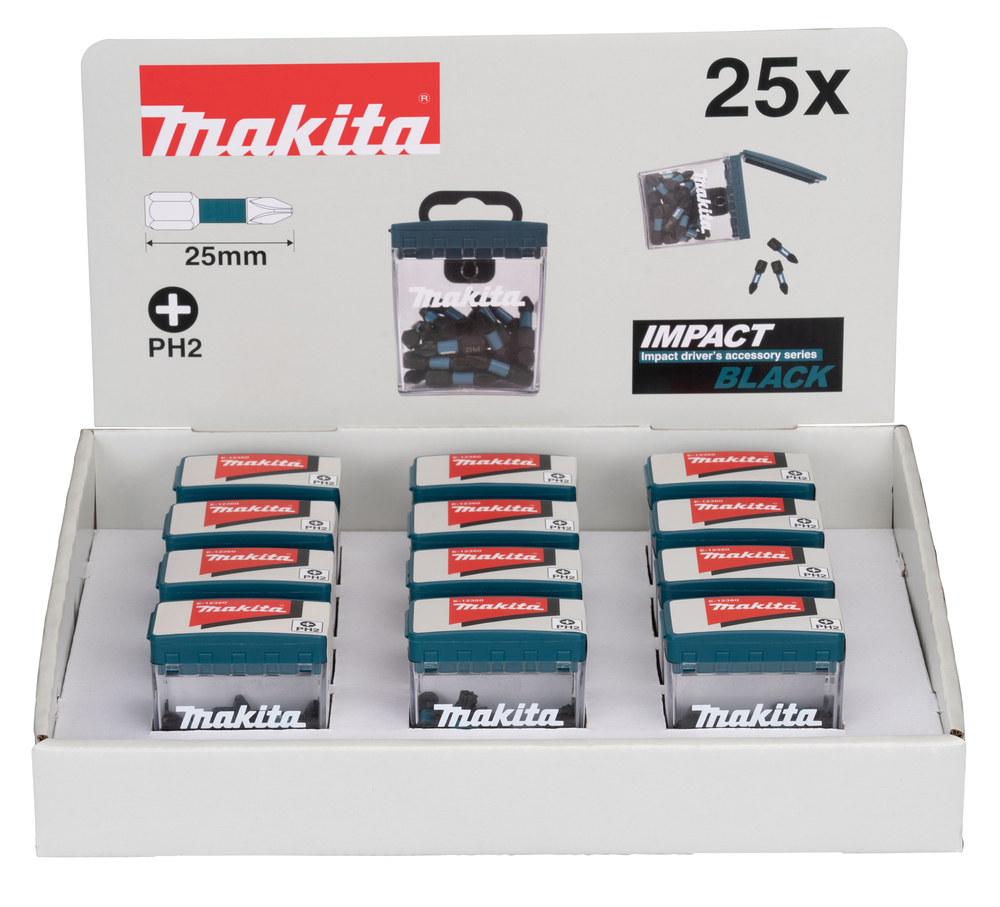 Punta Impact Black, PH2, 25 Mm, 25 Piezas X 12 Sets Makita E-12360-12 perforación fijación