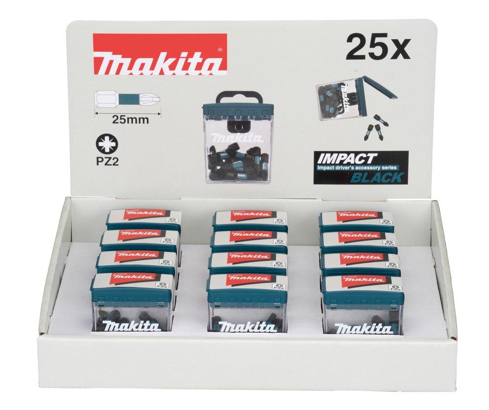 Punta Impact Black, PZ2, 25 Mm, 25 Piezas X 12 Sets Makita E-12376-12 perforación fijación