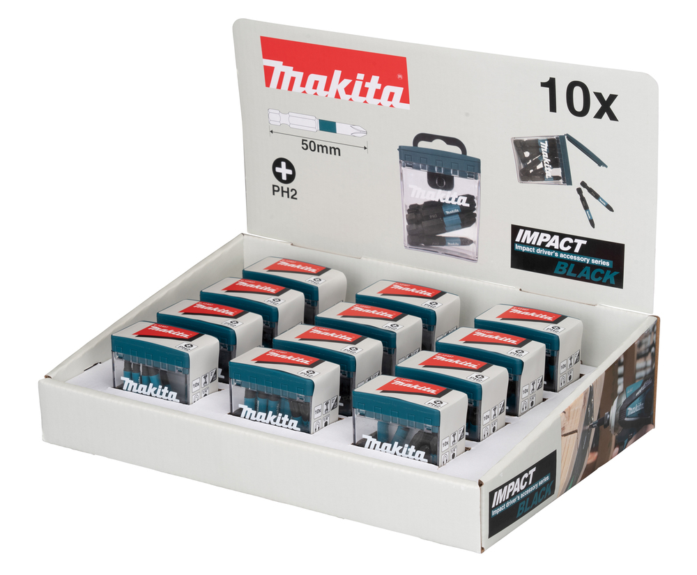 Punta Impact Black, PH2, 50 Mm, 10 Pc X 12 Sets Makita E-12407-12 perforación fijación