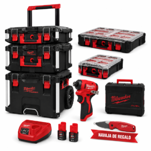 Milwaukee PACKOUT Kit 5 módulos + Atornillador M12 BLIDRC-202C 124Nm 2x2.0Ah + Navaja de REGALO