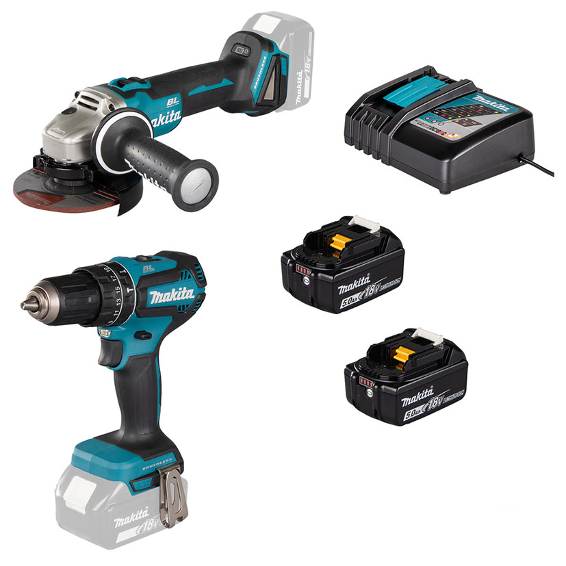 Pack taladro percutor BL1850B + amoladora DGA504 Makita 18 V. 2 baterías 4.0 Ah