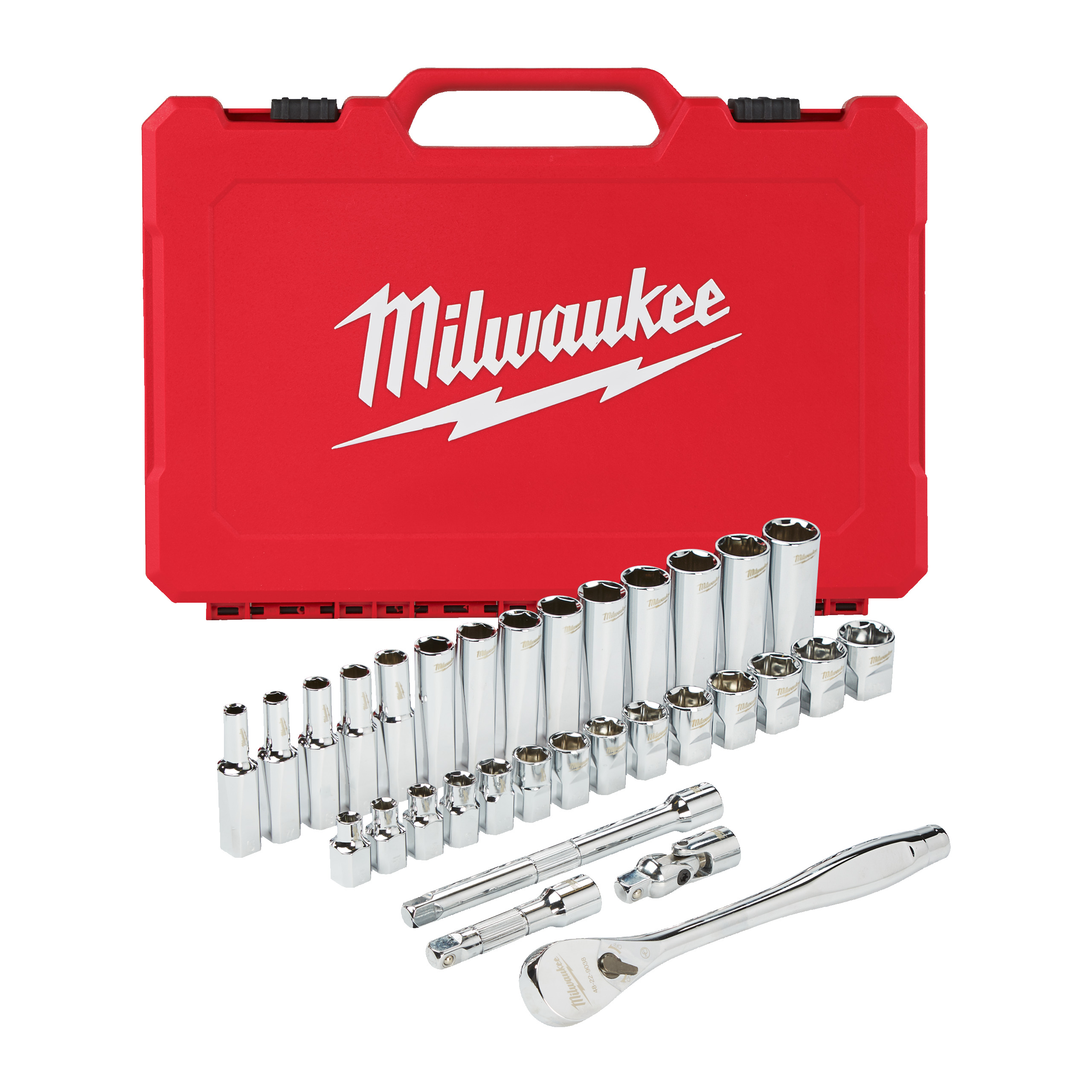 Juego de 32 piezas de vasos y carraca en métrica ⅜″ Ratchet + Socket Set Milwaukee