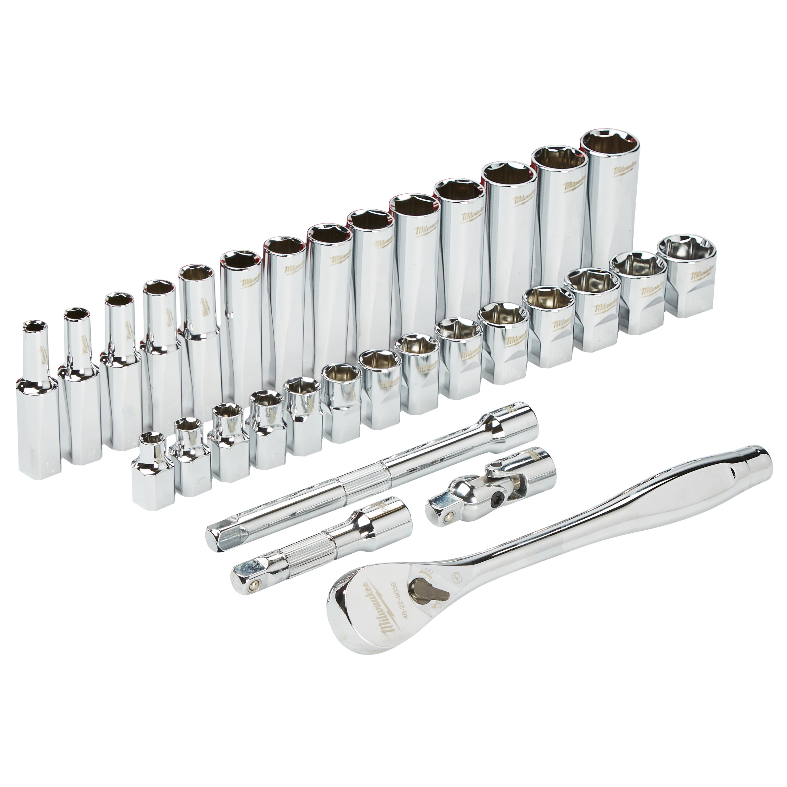 Juego de 32 piezas de vasos y carraca en métrica ⅜″ Ratchet + Socket Set Milwaukee - Imagen 2