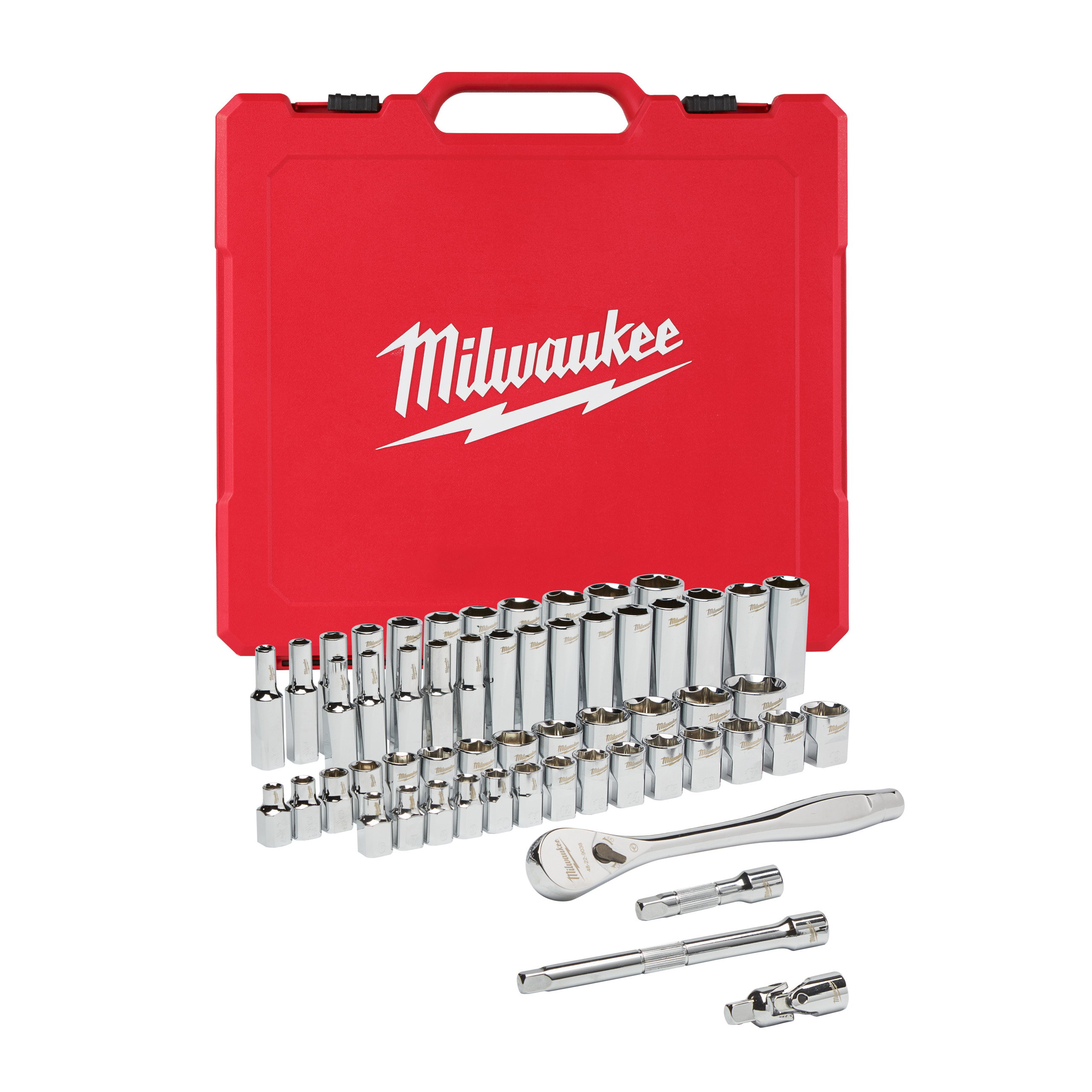 Juego de 56 piezas de vasos y carraca en métrica e imperial ⅜″ Ratchet + Socket Set Milwaukee