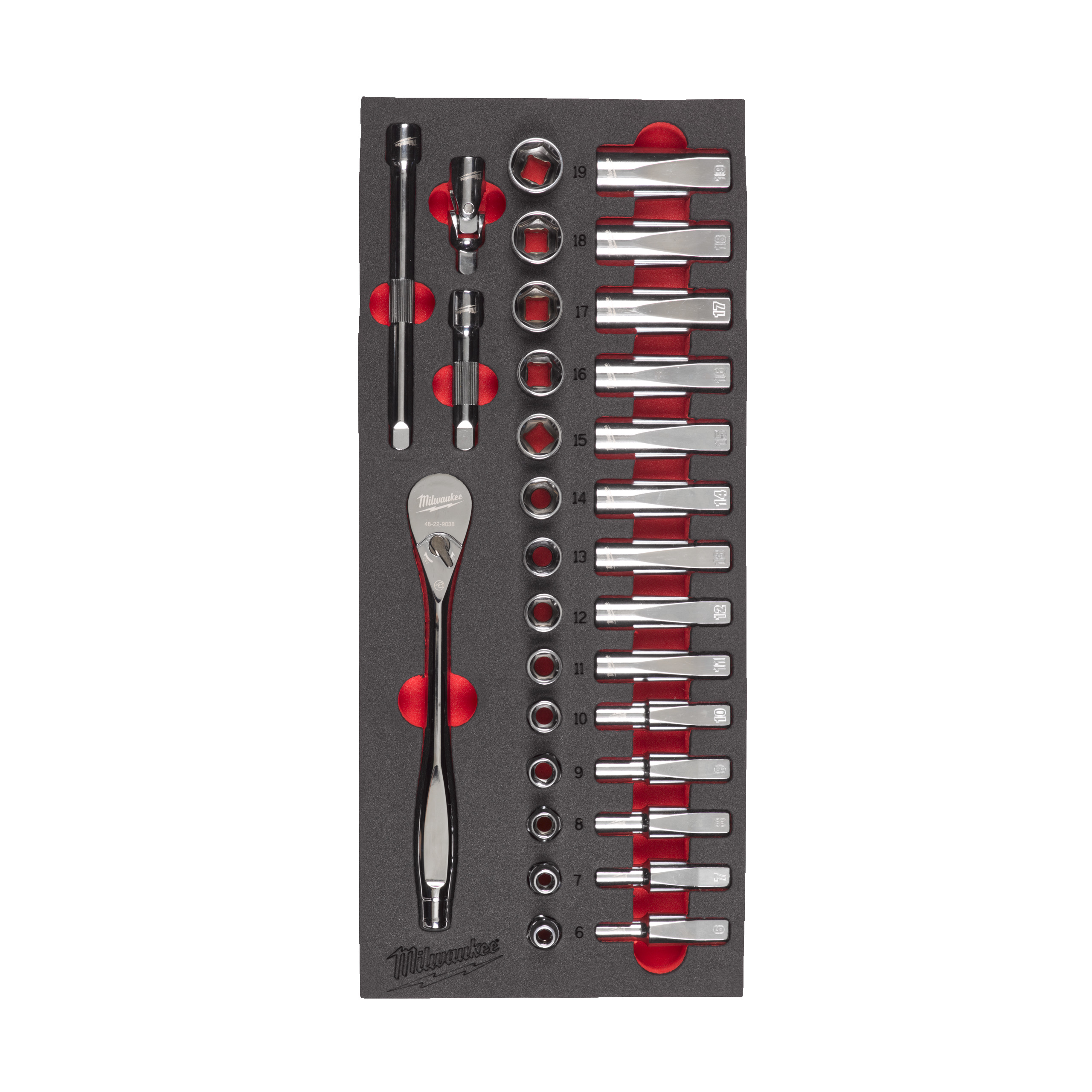 Espuma de carraca y vasos de ⅜″ 3/8" Ratchet and Socket Set Foam Insert Milwaukee