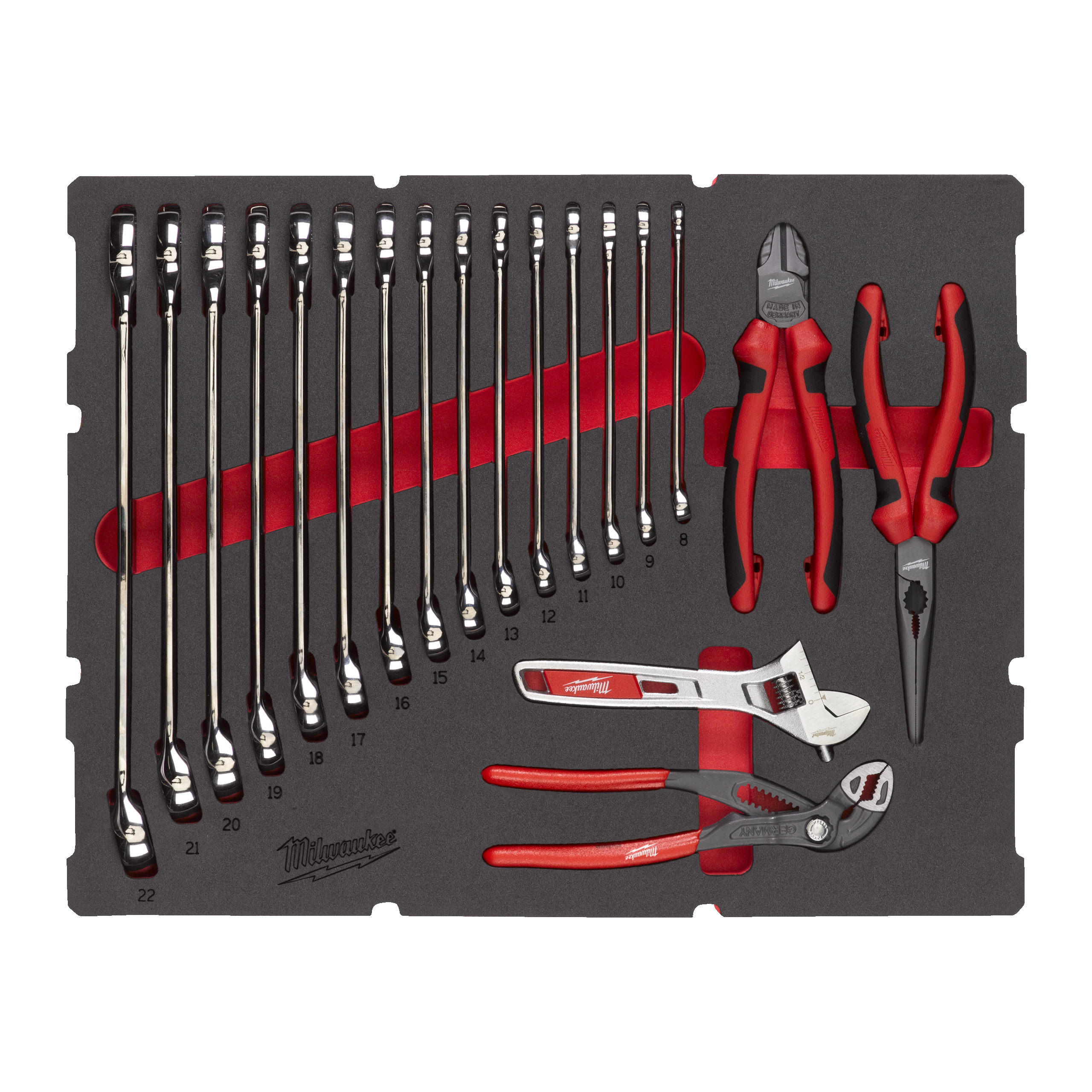 Espuma PACKOUT™ con 19 piezas de llaves combinadas MAX BITE™ y alicates Milwaukee