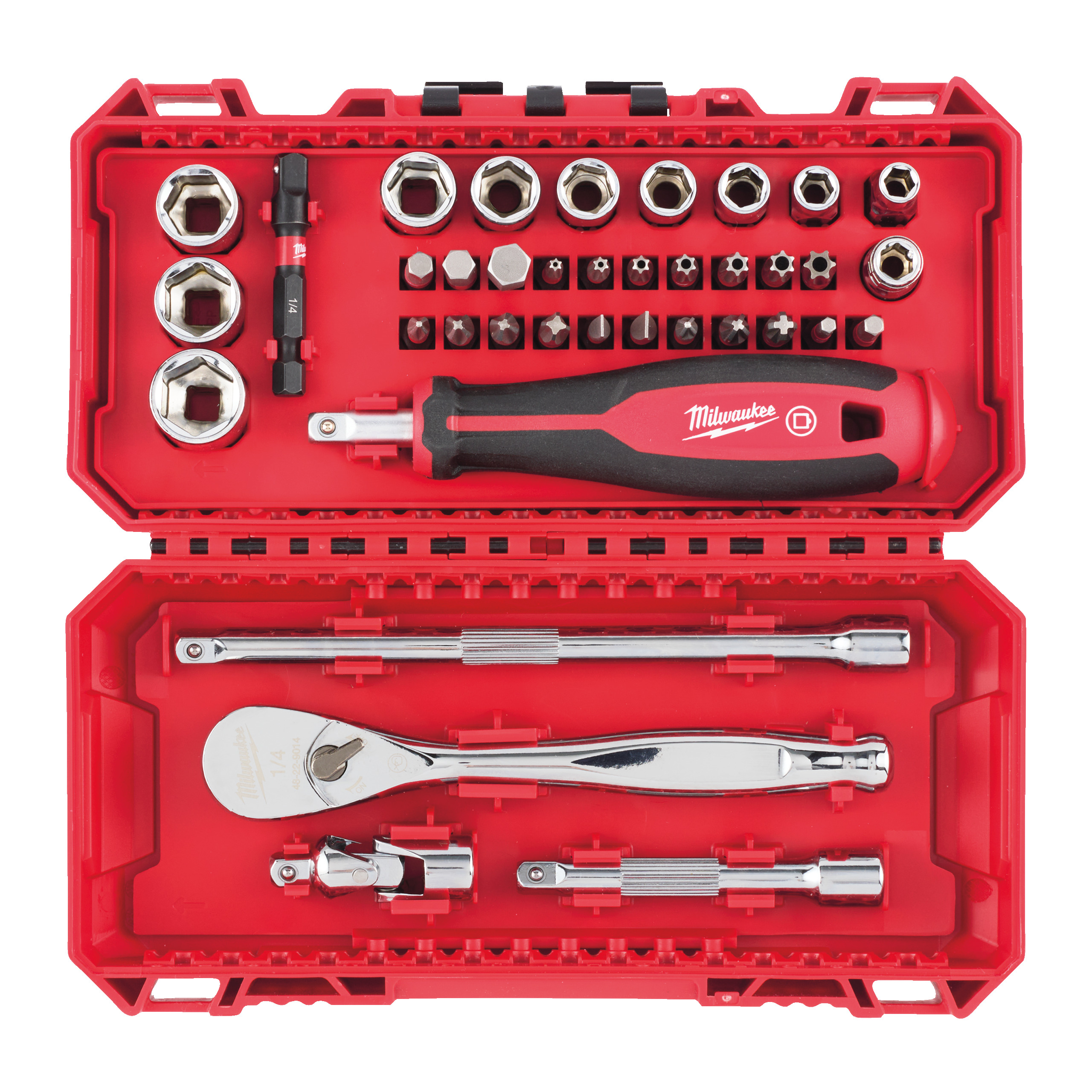 Estuche 38 piezas, carraca y vasos de ¼″ métrica compatible con PACKOUT™ Milwaukee