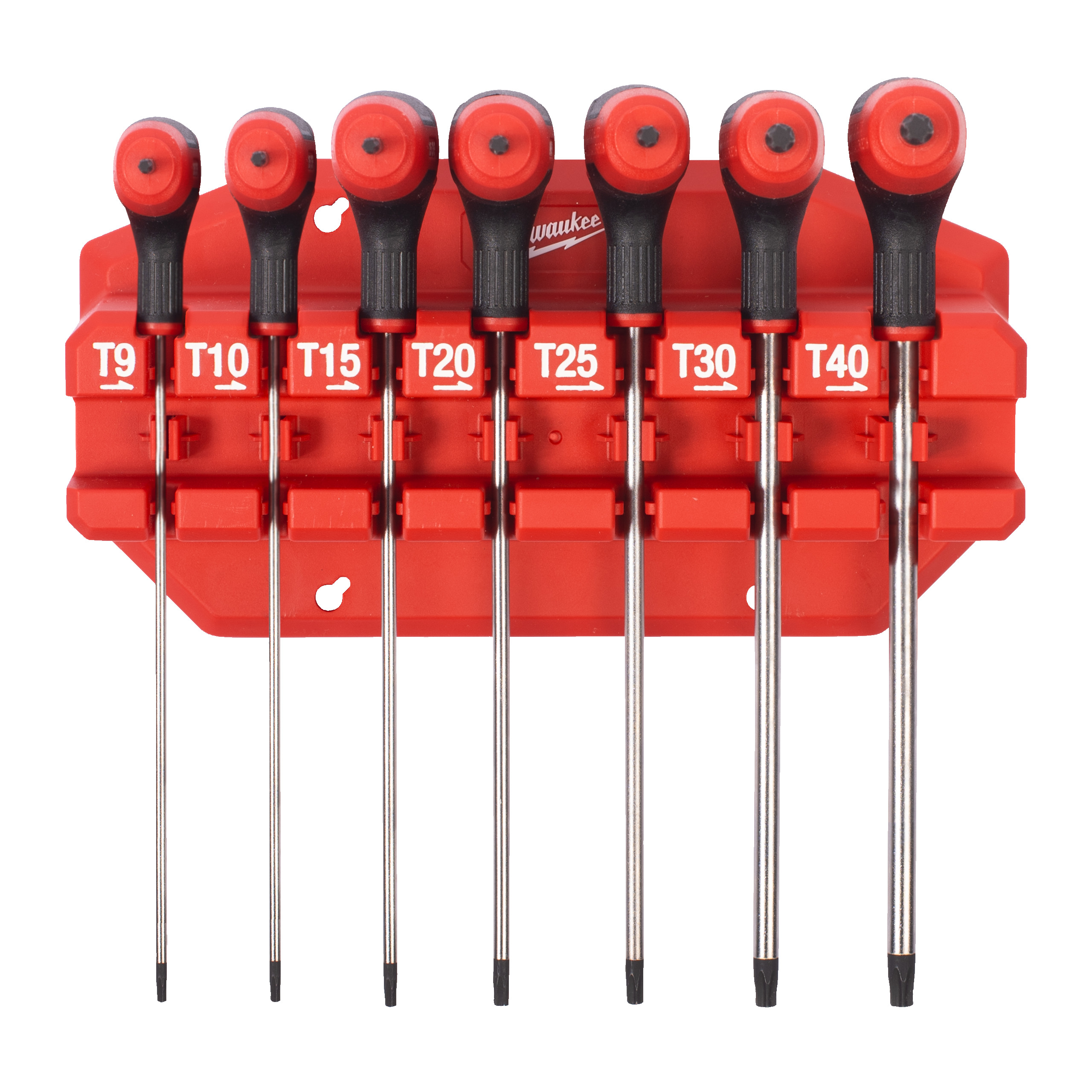 Juego de 7 llaves en T macho con mango Torx, en base de transporte Milwaukee