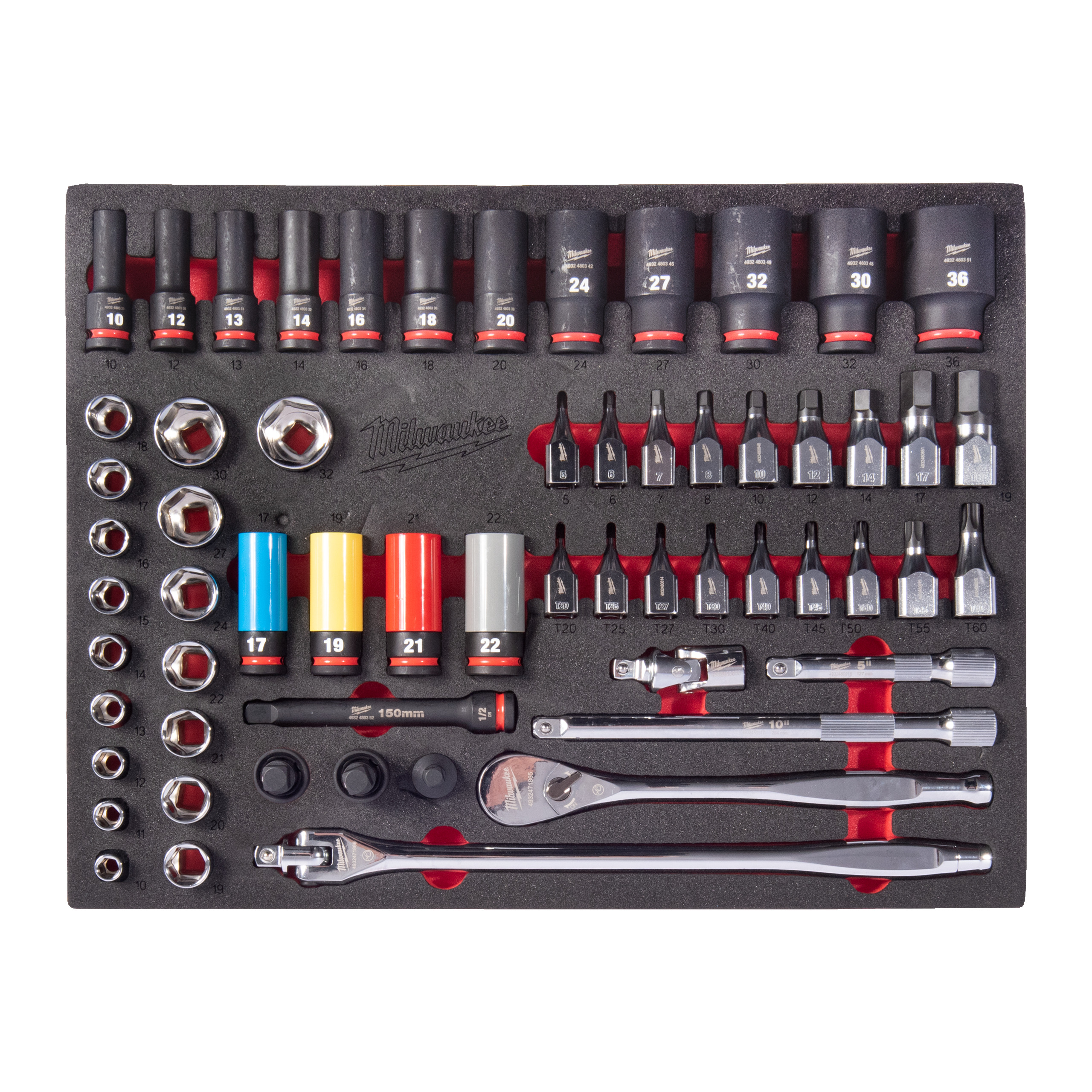 Conjunto 60cs para mecánica 60 pc 1/2'' Ratchet and Impact Socket Set Foam Insert Milwaukee
